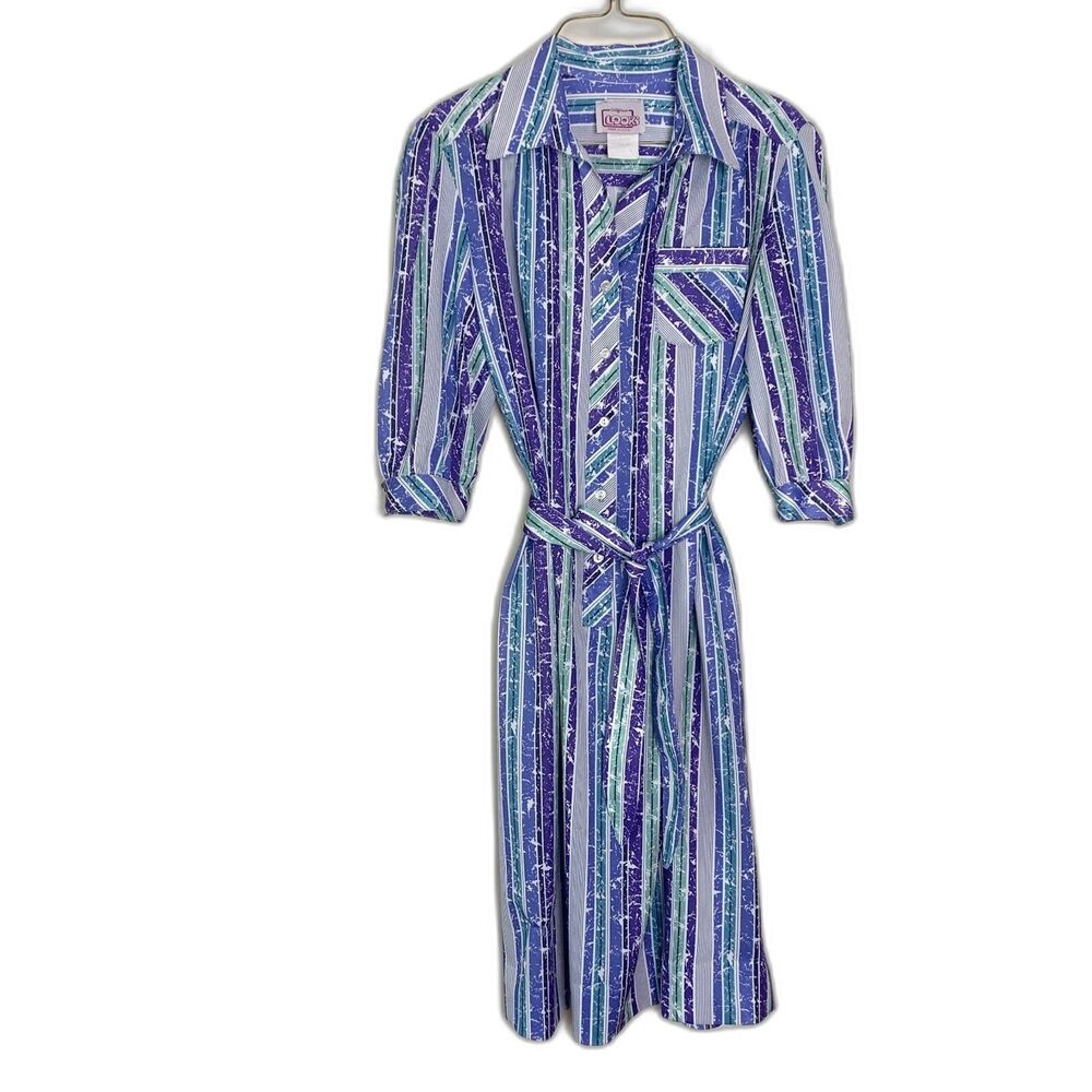 California Looks Vintage blue stripe half sleeve button top shirt dress Size‎ 14